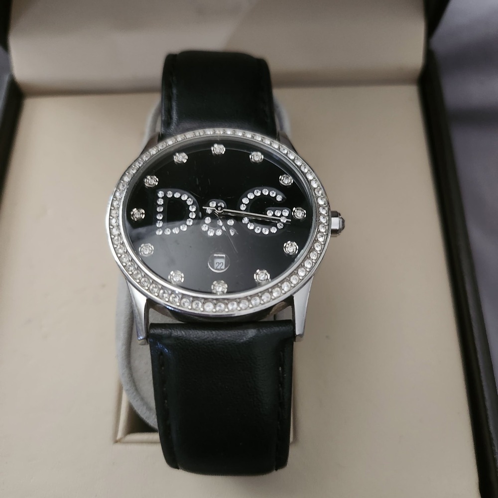 D&G Dolce & Gabbana Crystal Logo Watch Black Dial Leather Strap Date Window